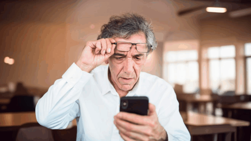 Homem com presbiopia esticando o braço para conseguir ler, ilustrando o sintoma da 'síndrome do braço curto'