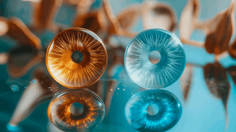 Um close-up com o olho usando uma lente colorida, destacado