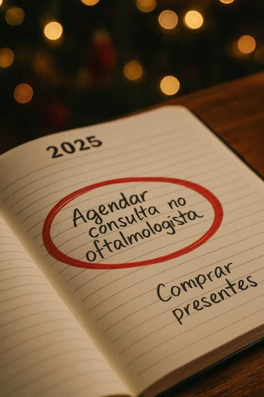 Agenda de planejamento de fim de ano com a consulta oftalmológica marcada como prioridade.