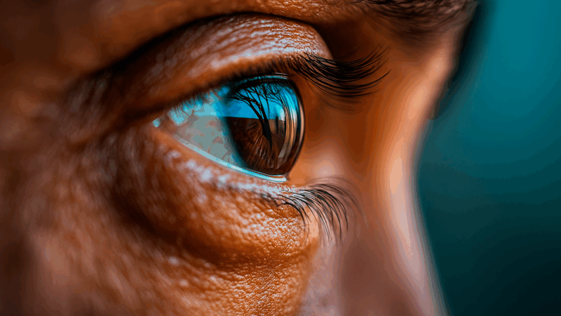 Imagem macro de uma íris humana, destacando os detalhes e a complexidade do olho humano.