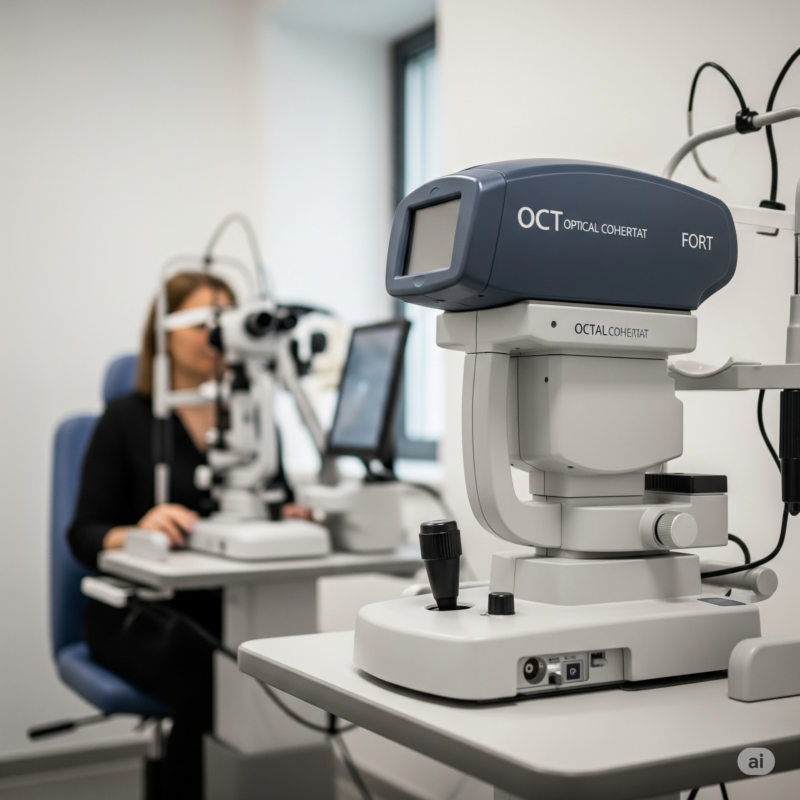 Aparelho de tomografia de coerência óptica para exame detalhado da retina.