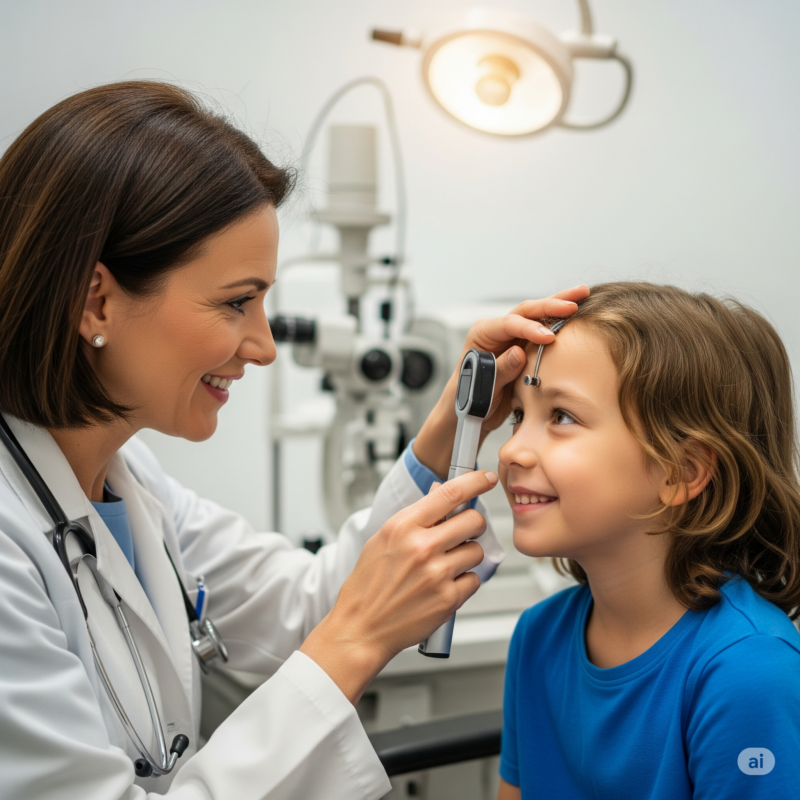 Criança sorrindo durante exame oftalmológico com médico especialista.