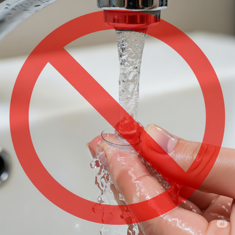 Sinal de proibido sobre uma lente de contato na água, alertando sobre o perigo de infecção por Acanthamoeba.