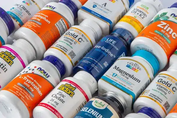 Diversos frascos de suplementos alimentares focados na saúde ocular