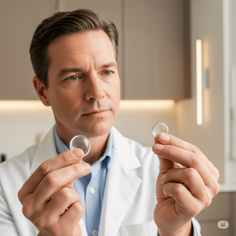 Pessoa em dúvida sobre como escolher a lente de contato ideal durante consulta com oftalmologista